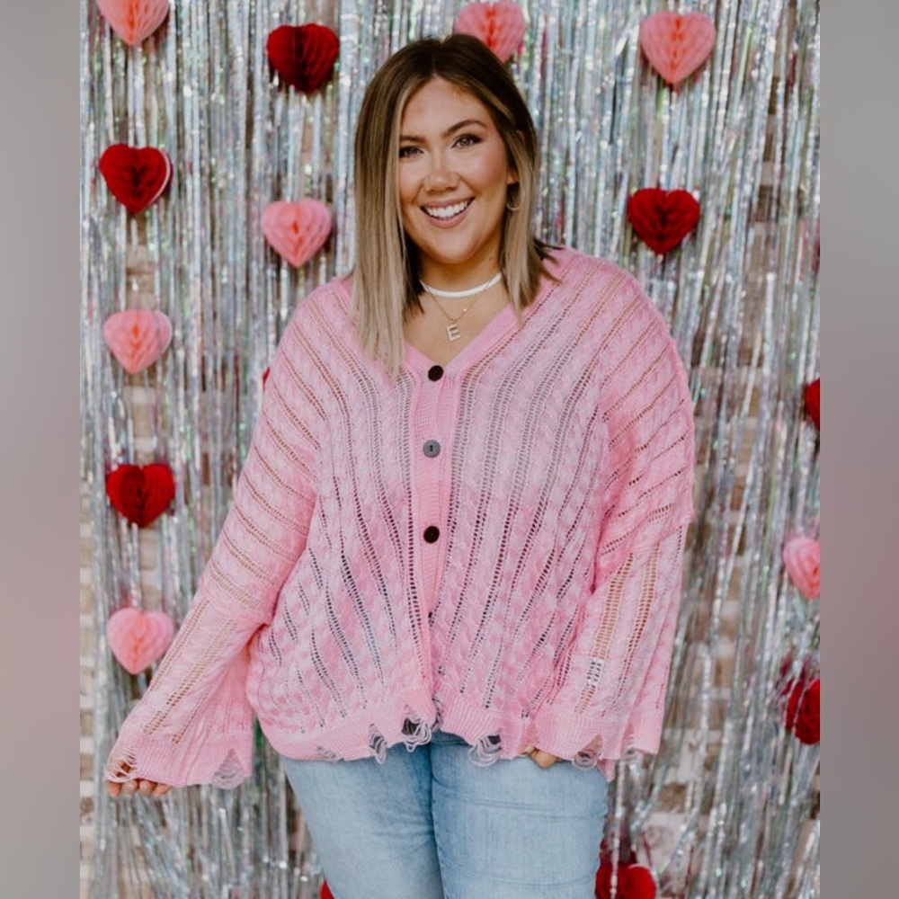 POL Pink Lemonade Distressed Knit Sweater Cardigan Size Small
